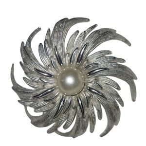 Vintage Silver Starburst Faux Pearl Center Sarah Coventry Brooch
